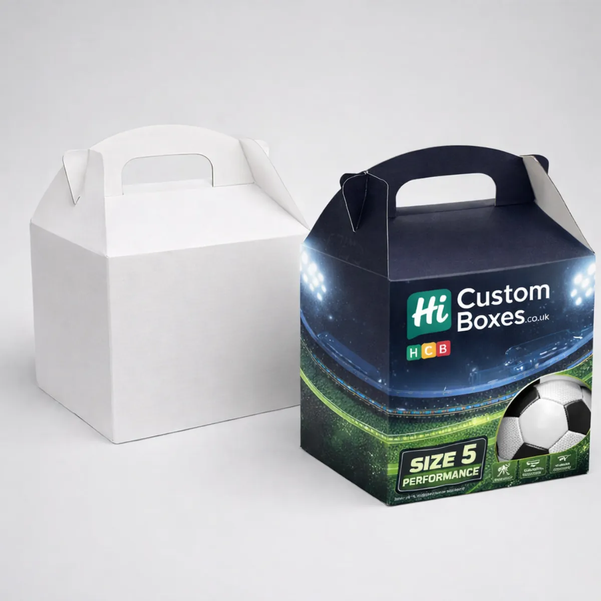 A plain white box next to a dark blue box featuring a floodlit stadium and football graphic. class=